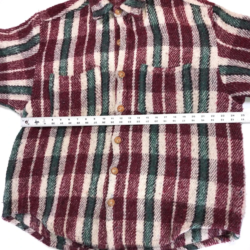 Vintage 100% Wool Striped Shirt Jacket Burgundy Green Woven Ecuador Mens XL